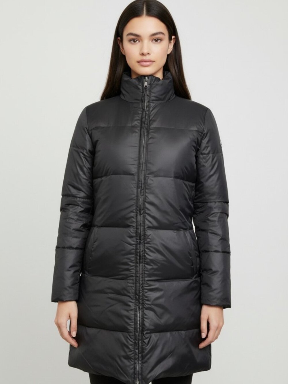 Eileen Fisher Petite PS Long Down Puffer Coat Black Stand Collar Minimalist Warm